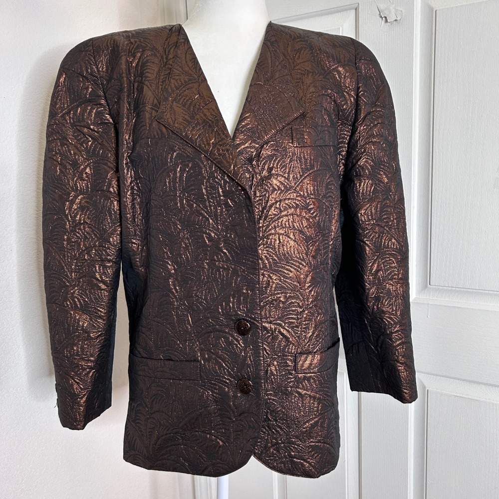 VTG Krizia Metallic Jacquard Wool Silk Blazer Women 44 Exaggerated Shoulder Pads